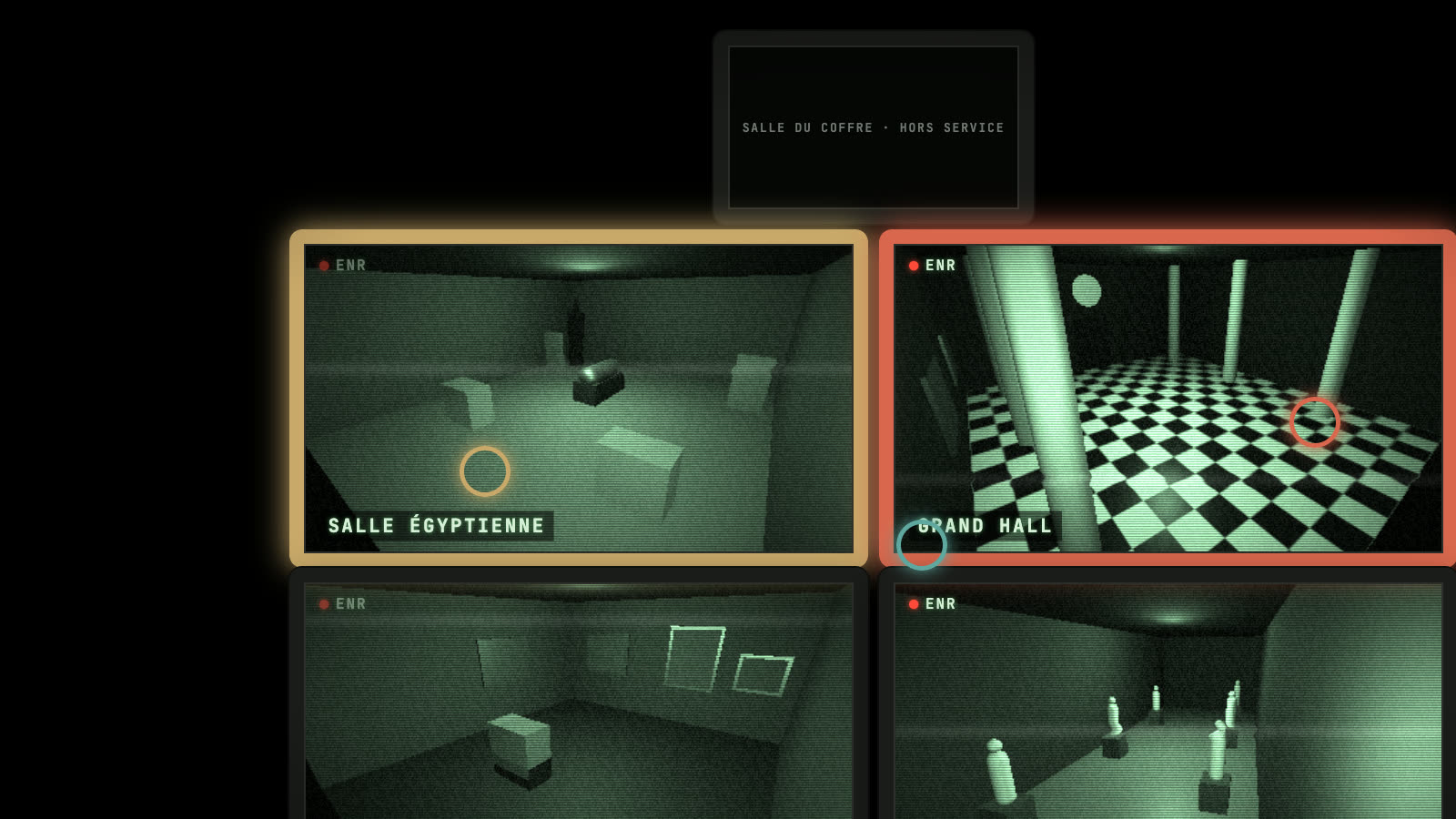 La régie de surveillance, rendue en 3D, éclairée par les lampes des joueurs
